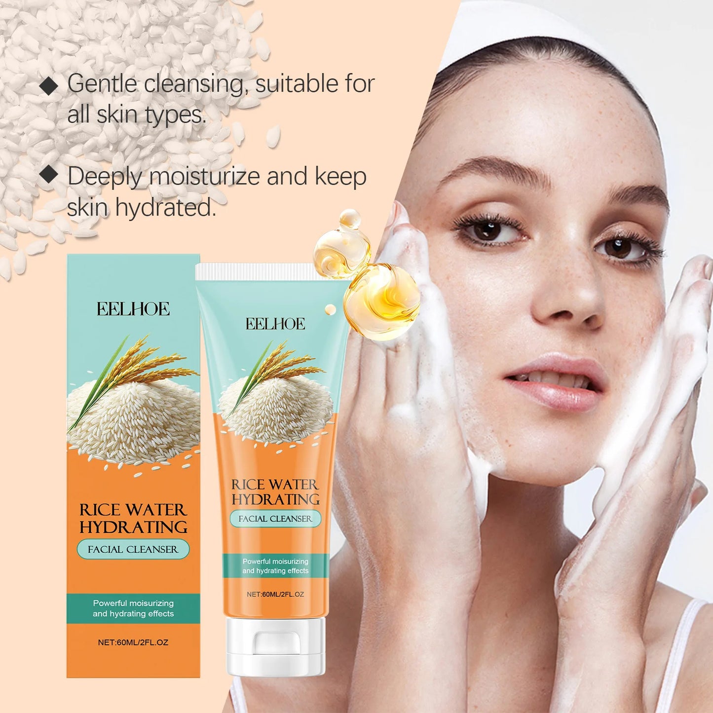 EELHOE Facial Rice Water Moisturizing Facial Wash Oil Control Shrink Pores Skin Cleansing Nicotinamide Brightening Face Cleaner